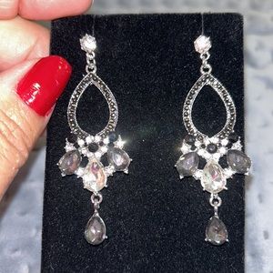 Jet Black, Black Diamond & Clear Crystal Dangling Earrings-Boutique